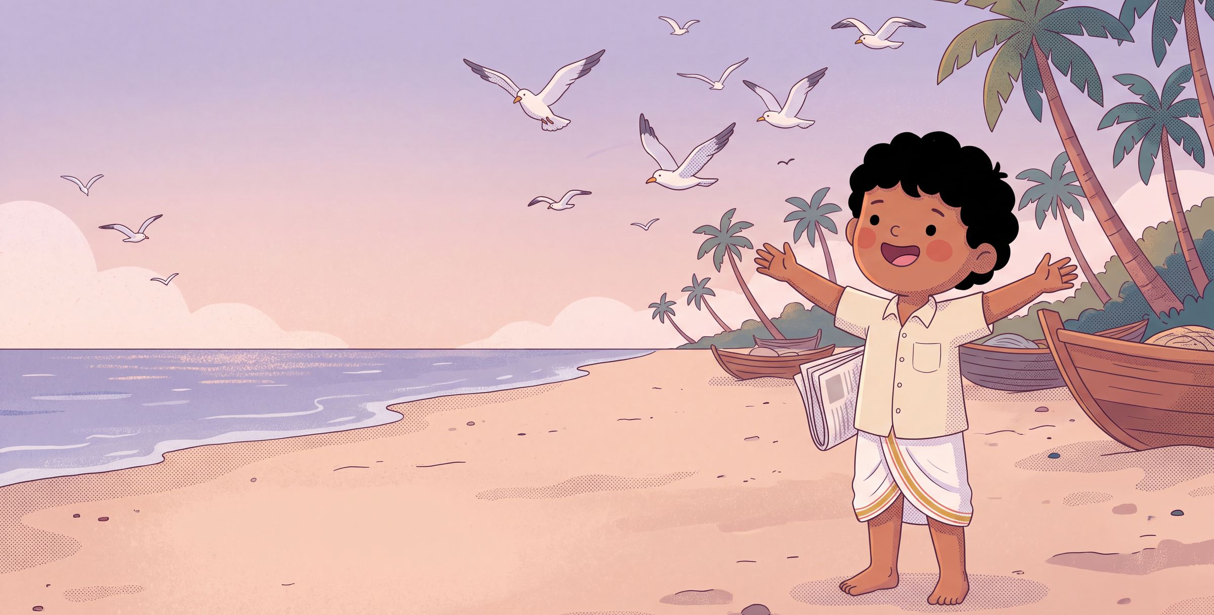 Young Abdul Kalam on the Rameswaram shore, arms spread like wings, watching seabirds