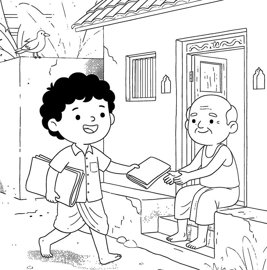 Colouring page from Dr. Abdul Kalam: The newspaper boy