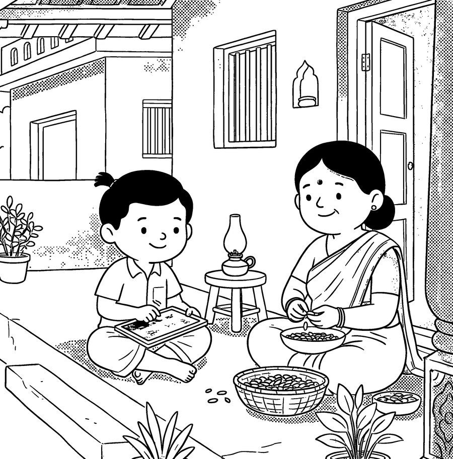 Colouring page from Srinivasa Ramanujan: Sums on a slate