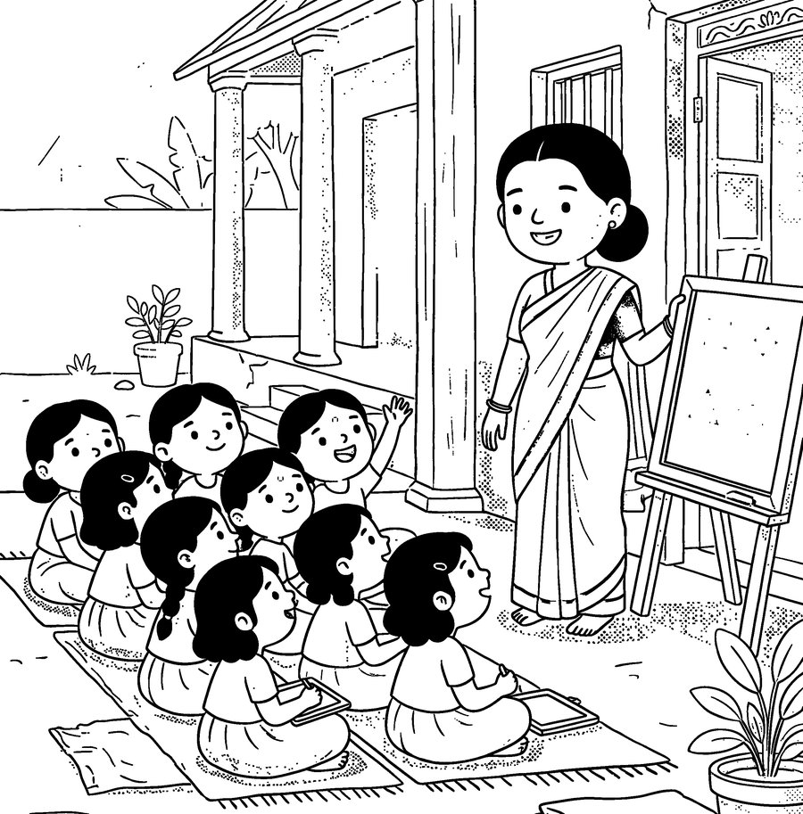 Colouring page from Savitribai Phule: The first girls' school